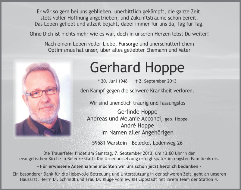  Traueranzeige für Gerhard Hoppe vom 04.09.2013 aus MZV
