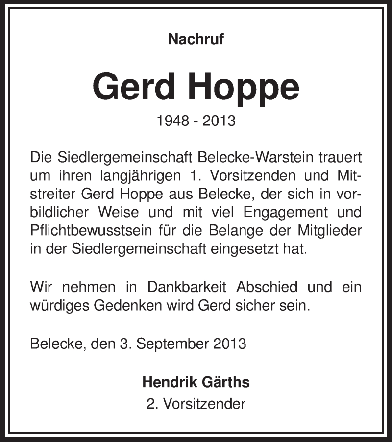  Traueranzeige für Gerhard Hoppe vom 05.09.2013 aus MZV
