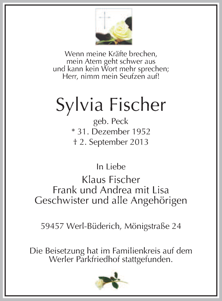  Traueranzeige für Sylvia Fischer vom 07.09.2013 aus MZV
