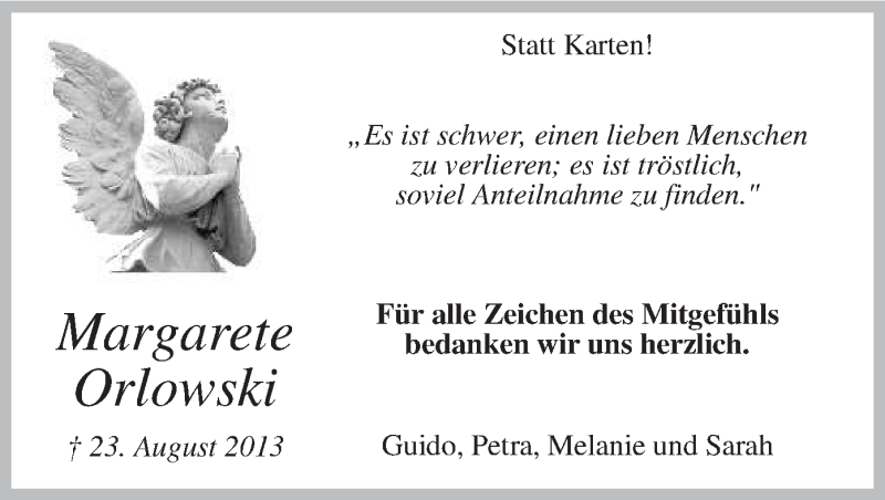  Traueranzeige für Margarete Orlowski vom 07.09.2013 aus MZV