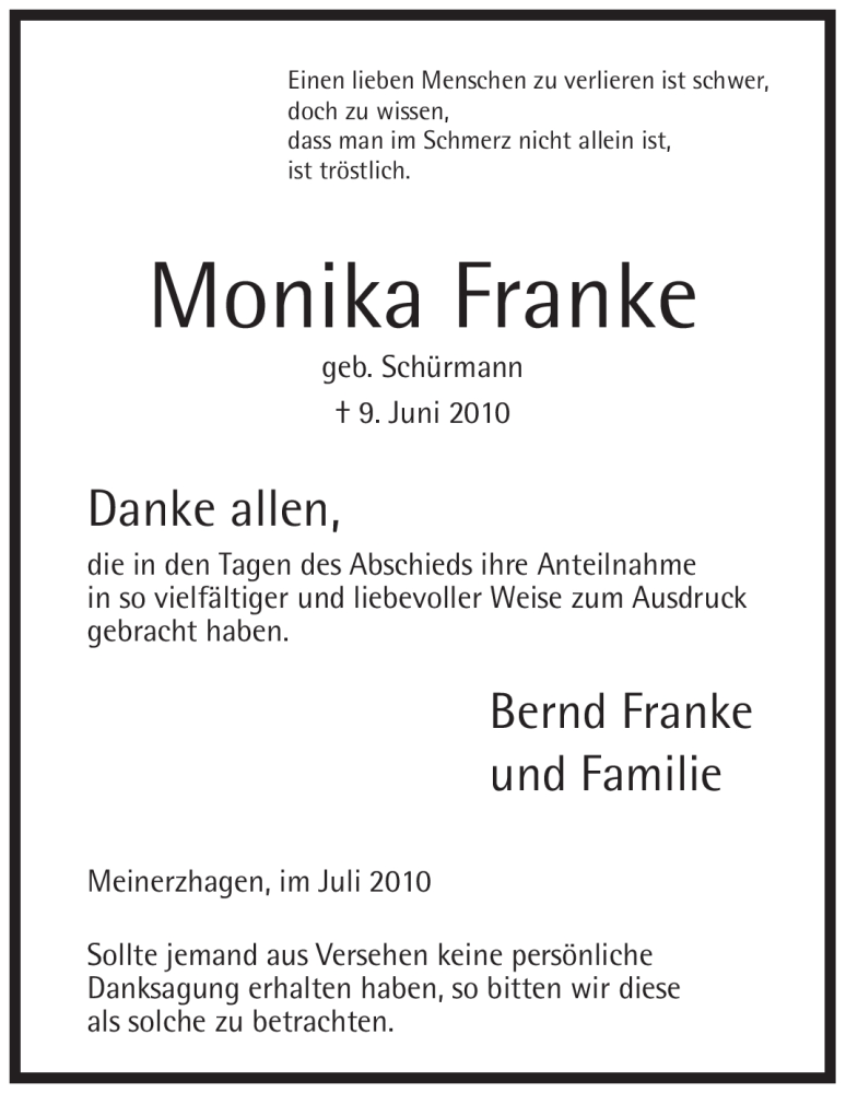  Traueranzeige für Monika Franke vom 31.07.2010 aus WESTFÄLISCHER ANZEIGER