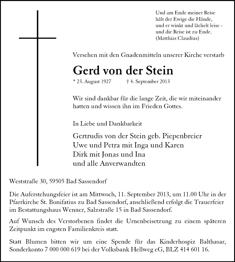  Traueranzeige für Gerd  von der Stein vom 07.09.2013 aus MZV