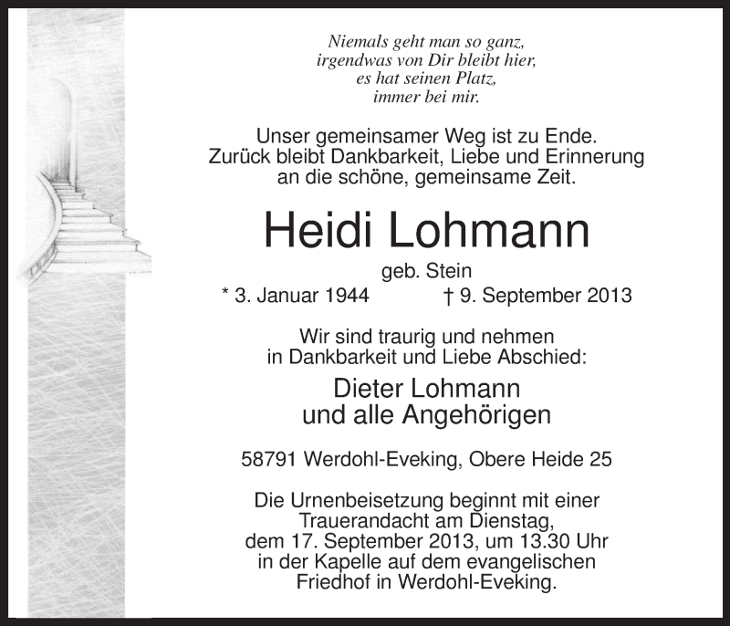  Traueranzeige für Heidi Lohmann vom 11.09.2013 aus MZV