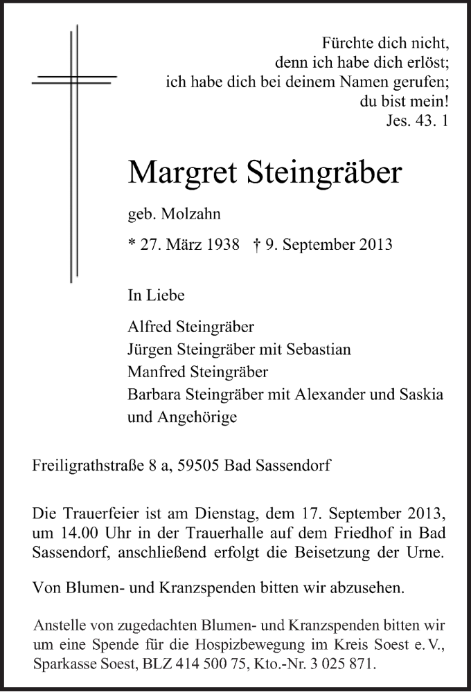  Traueranzeige für Margret Steingräber vom 13.09.2013 aus MZV