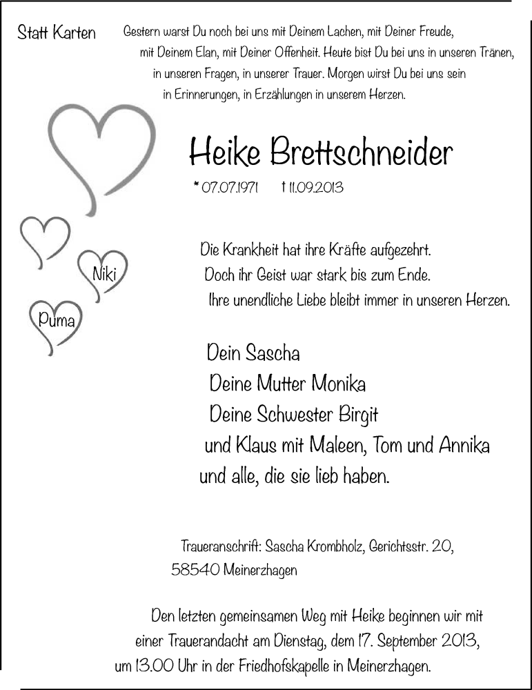  Traueranzeige für Heike Brettschneider vom 14.09.2013 aus MZV