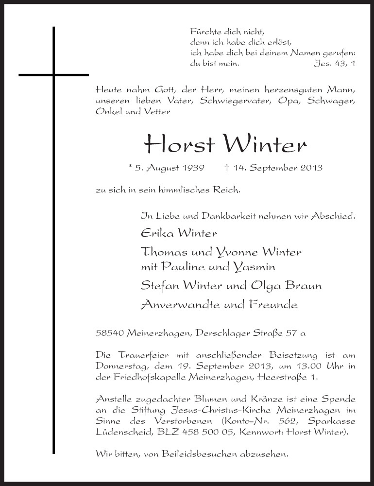  Traueranzeige für Horst Winter vom 17.09.2013 aus MZV