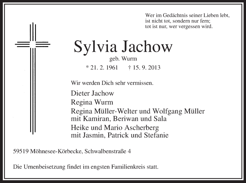  Traueranzeige für Sylvia Jachow vom 19.09.2013 aus MZV