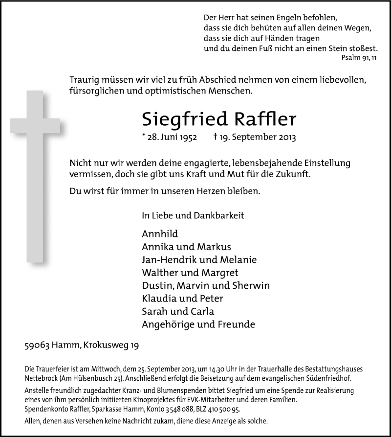  Traueranzeige für Siegfried Raffler vom 21.09.2013 aus MZV