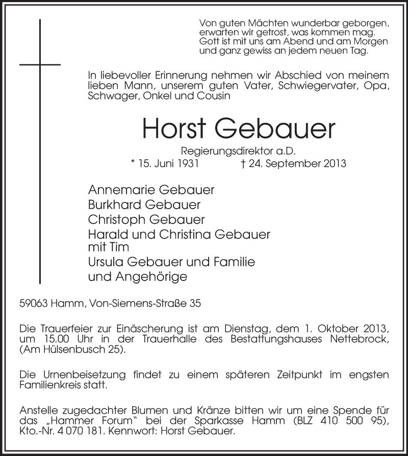  Traueranzeige für Horst Gebauer vom 28.09.2013 aus MZV