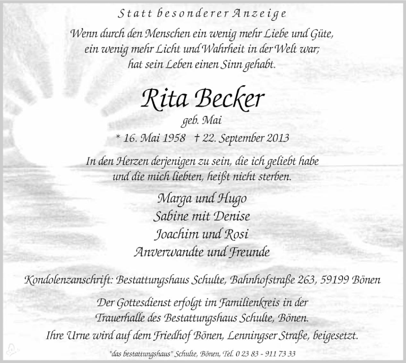  Traueranzeige für Rita Becker vom 27.09.2013 aus MZV