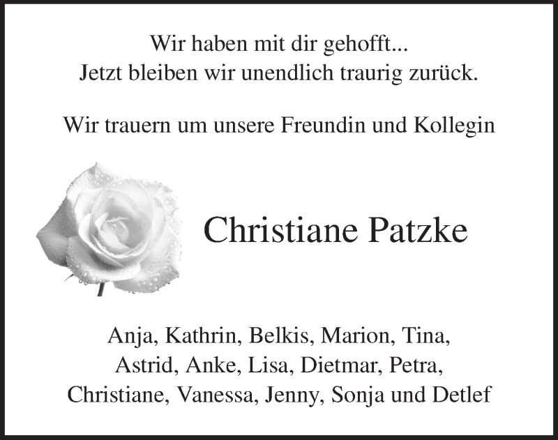  Traueranzeige für Christiane Patzke vom 28.09.2013 aus MZV