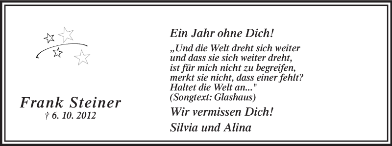  Traueranzeige für Frank Steiner vom 05.10.2013 aus MZV