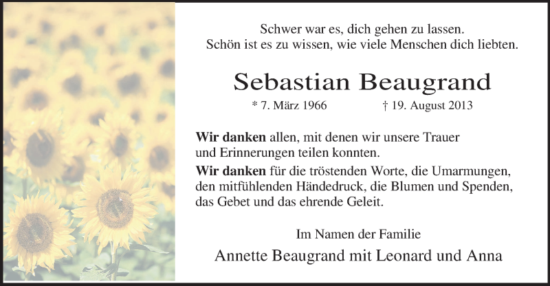  Traueranzeige für Sebastian Beaugrand vom 05.10.2013 aus MZV