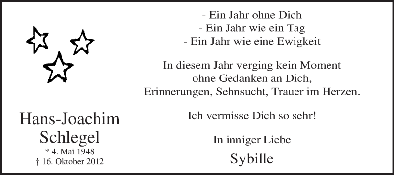  Traueranzeige für Hans-Joachim Schlegel vom 16.10.2013 aus MZV