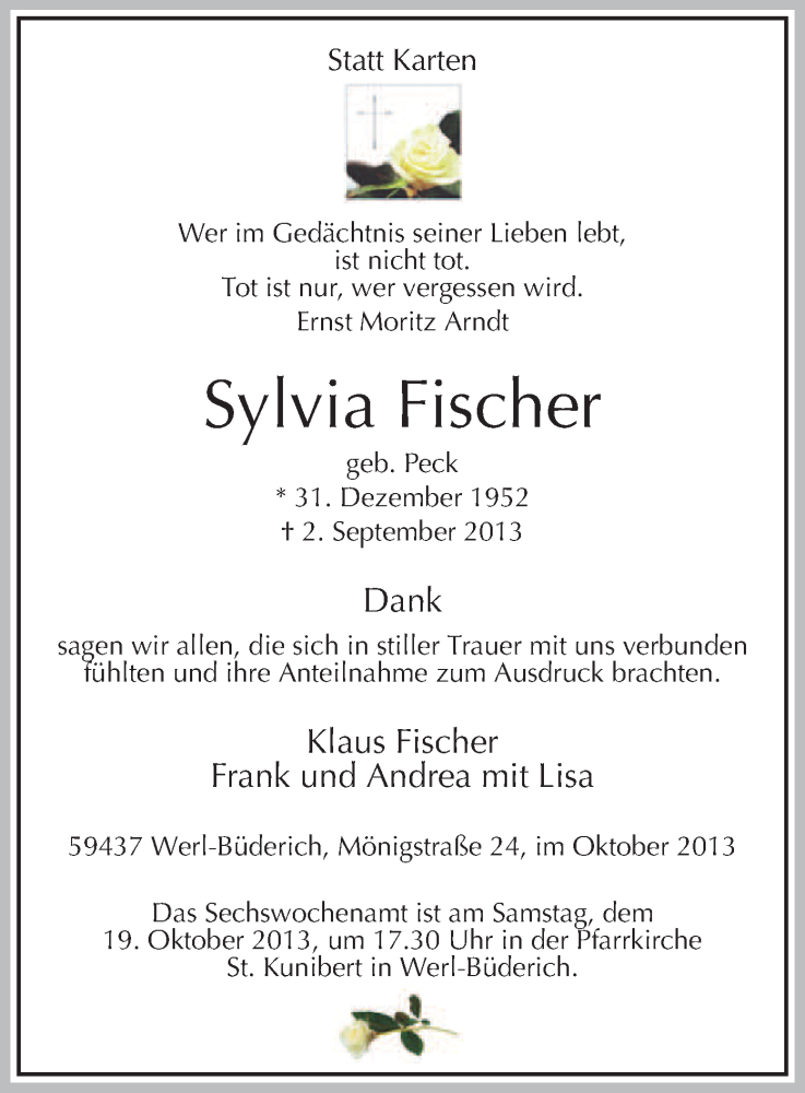  Traueranzeige für Sylvia Fischer vom 14.10.2013 aus MZV