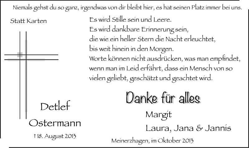  Traueranzeige für Detlef Ostermann vom 12.10.2013 aus MZV
