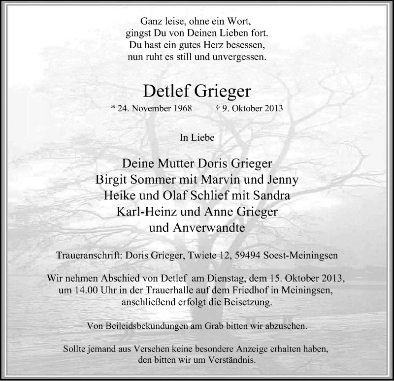  Traueranzeige für Detlef Grieger vom 12.10.2013 aus MZV