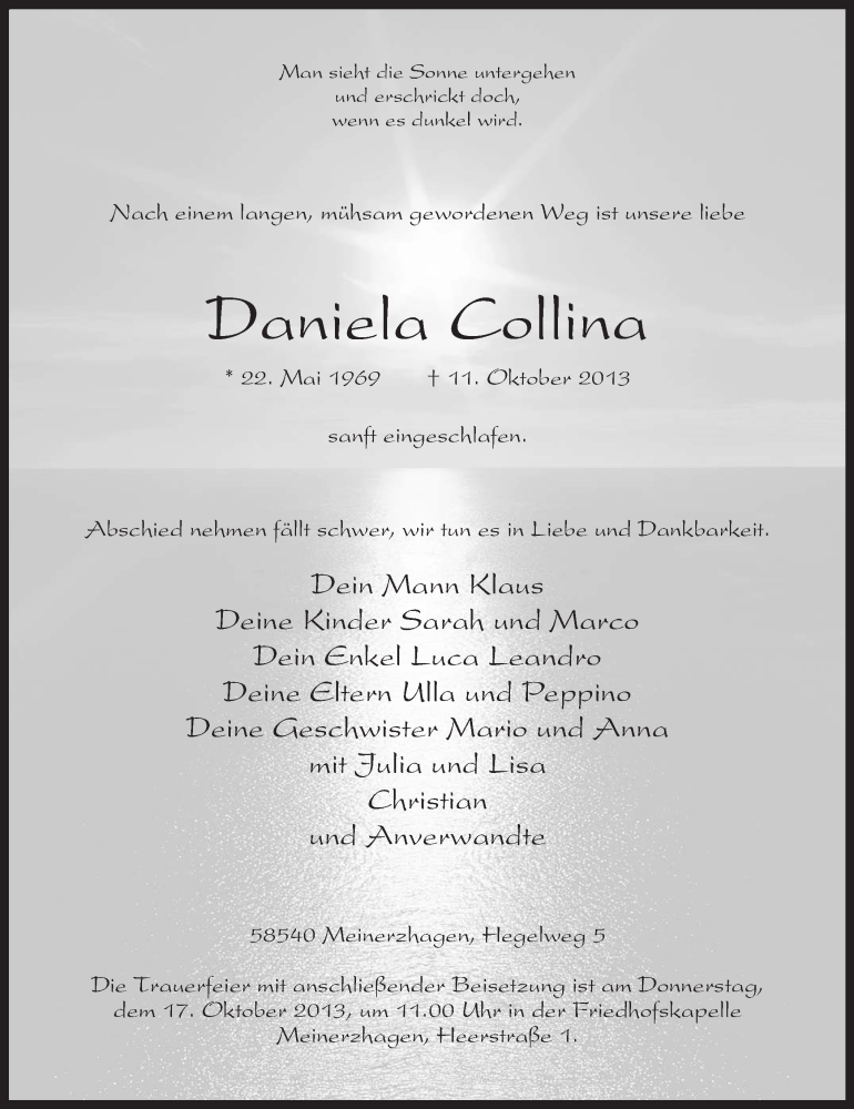  Traueranzeige für Daniela Collina vom 15.10.2013 aus MZV