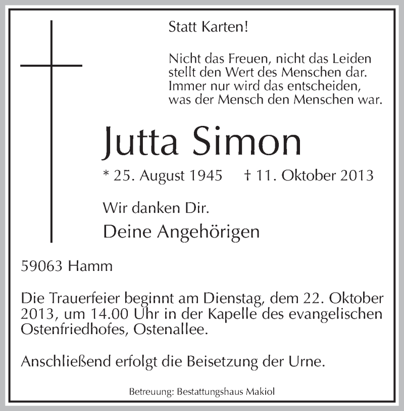  Traueranzeige für Jutta Simon vom 17.10.2013 aus MZV