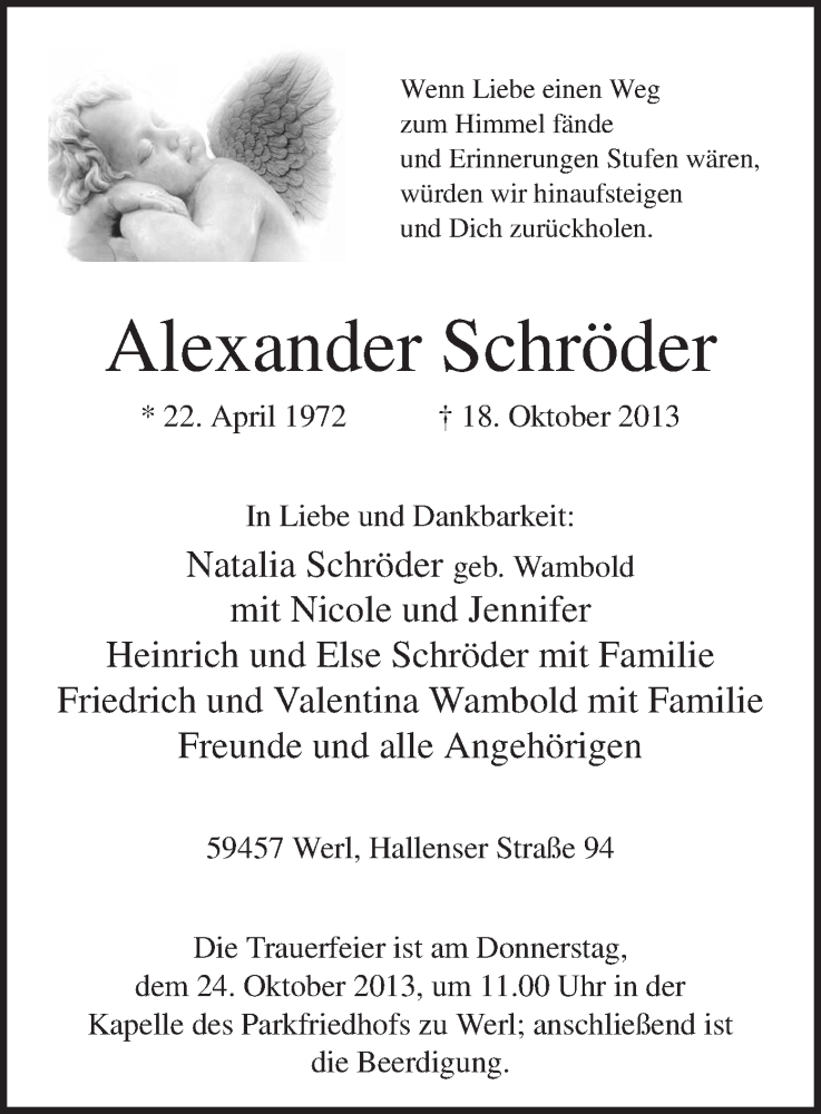  Traueranzeige für Alexander Schröder vom 22.10.2013 aus MZV