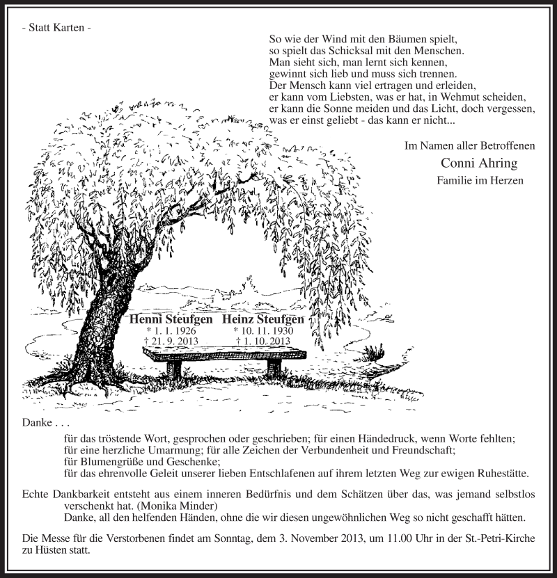  Traueranzeige für Henni Steufgen vom 26.10.2013 aus MZV