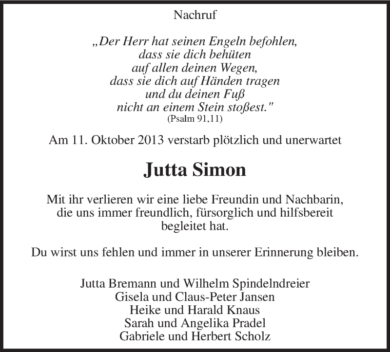  Traueranzeige für Jutta Simon vom 26.10.2013 aus MZV