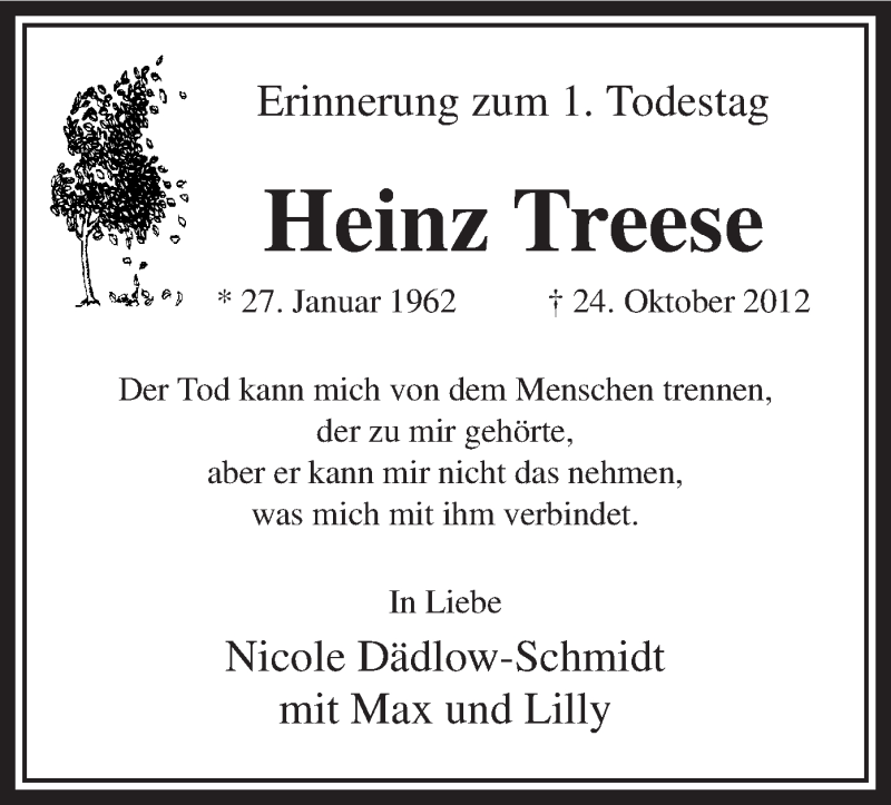  Traueranzeige für Heinz Treese vom 24.10.2013 aus MZV