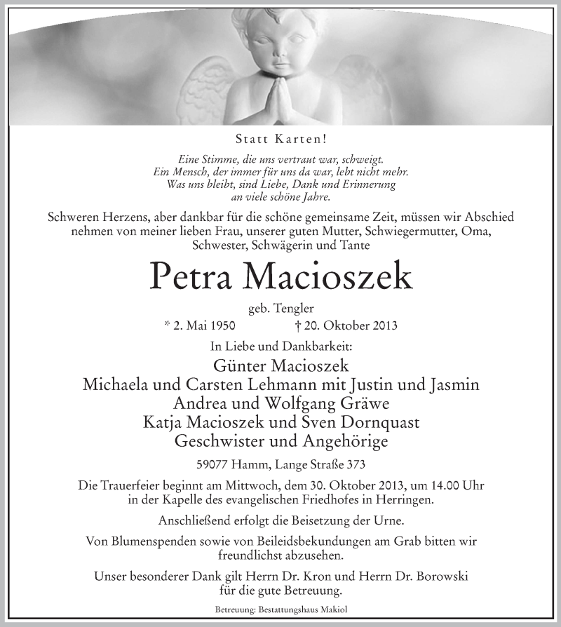 Traueranzeige für Petra Macioszek vom 26.10.2013 aus MZV