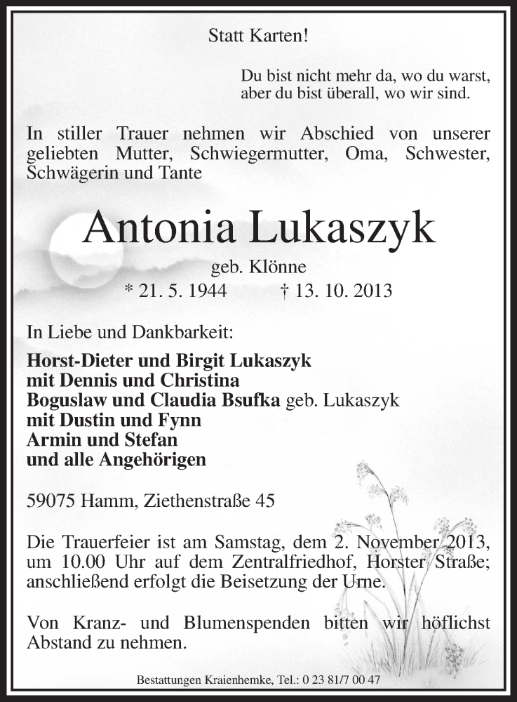  Traueranzeige für Antonia Lukaszyk vom 26.10.2013 aus MZV