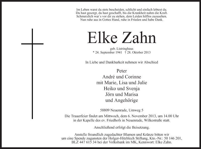  Traueranzeige für Elke Zahn vom 30.10.2013 aus MZV
