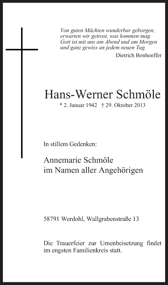  Traueranzeige für Hans-Werner Schmöle vom 02.11.2013 aus MZV