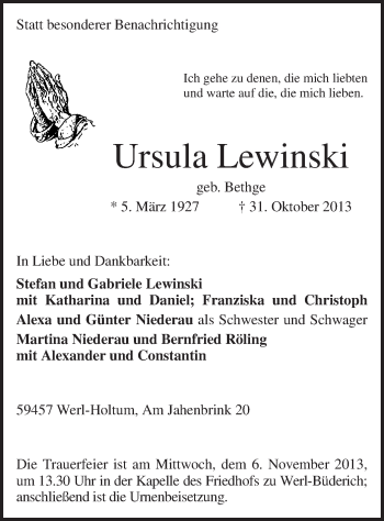 Traueranzeige von Ursula Lewinski von MZV