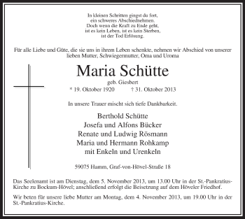 Traueranzeige von Maria Schütte von MZV