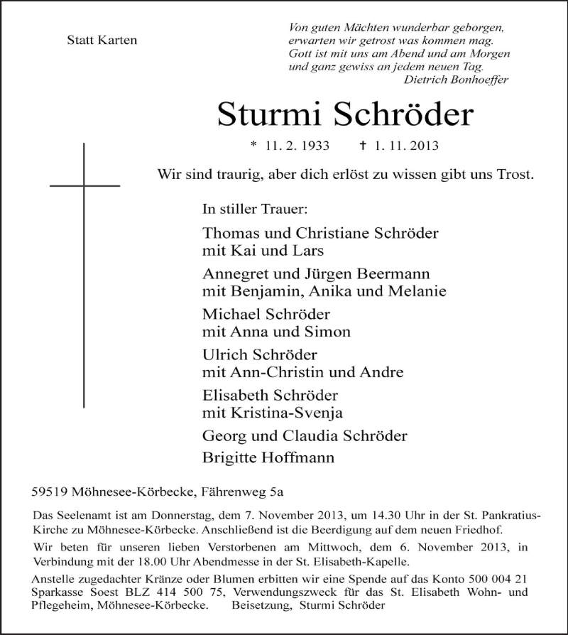  Traueranzeige für Sturmi Schröder vom 04.11.2013 aus MZV