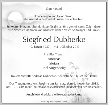 Traueranzeige von Siegfried Dubberke von MZV