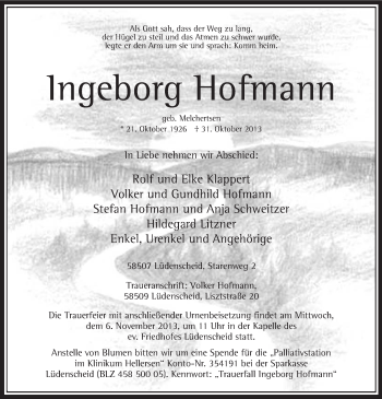 Traueranzeige von Ingeborg Hofmann von MZV