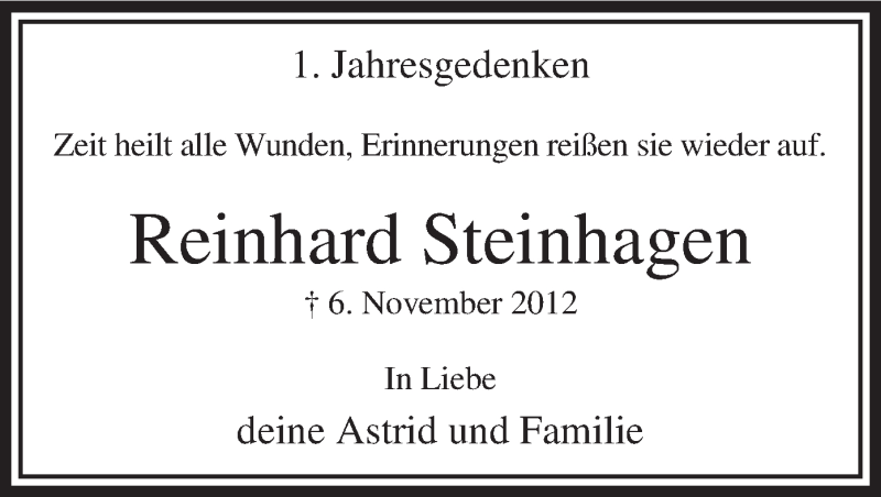  Traueranzeige für Reinhard Steinhagen vom 06.11.2013 aus MZV