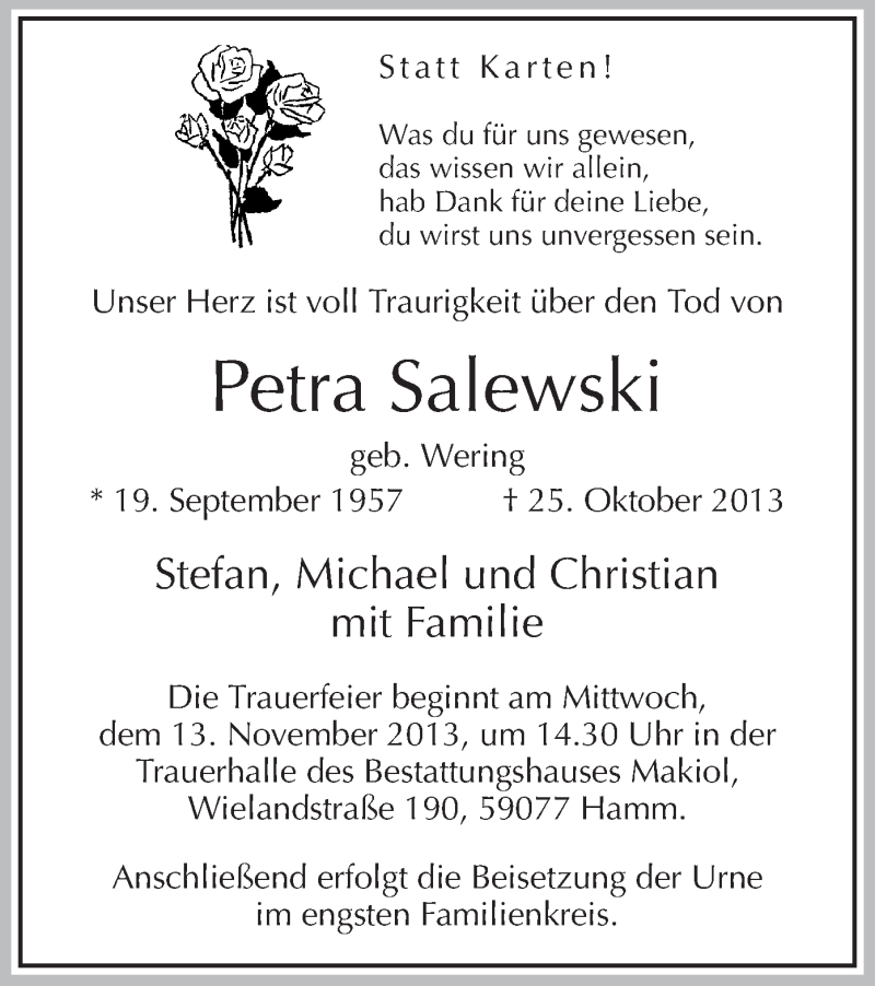  Traueranzeige für Petra Salewski vom 09.11.2013 aus MZV