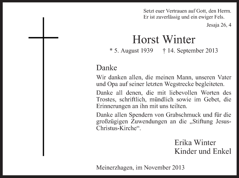  Traueranzeige für Horst Winter vom 13.11.2013 aus MZV