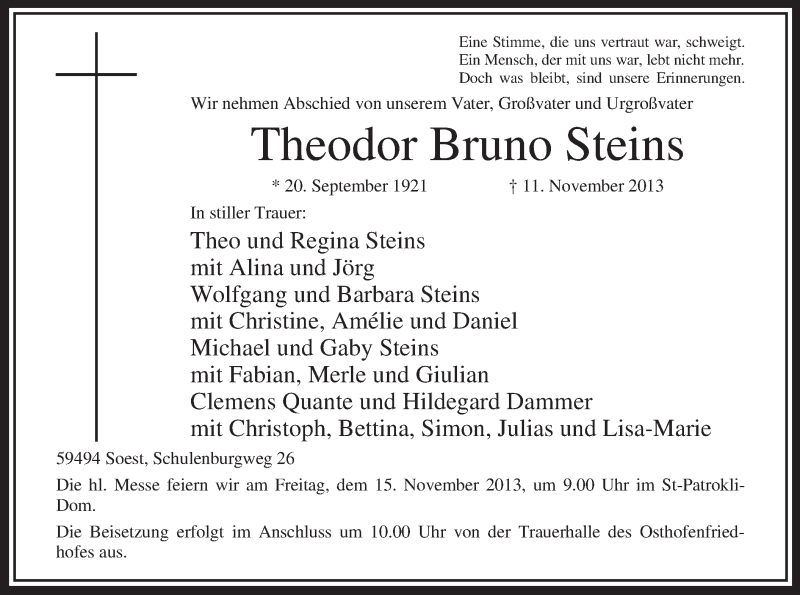  Traueranzeige für Theodor Bruno Steins vom 13.11.2013 aus MZV