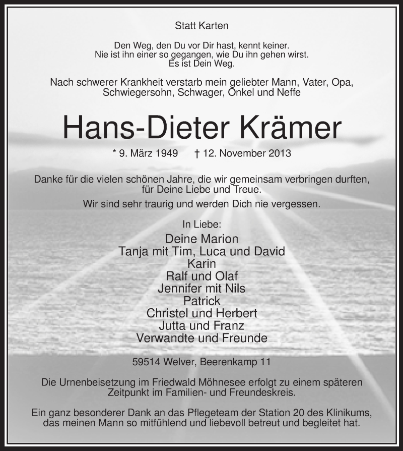 Traueranzeige für Hans-Dieter Krämer vom 15.11.2013 aus MZV