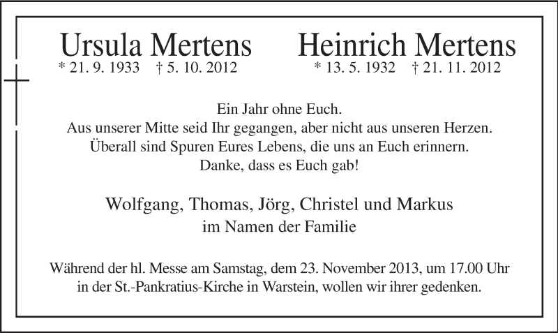  Traueranzeige für Ursula und Heinrich Mertens vom 16.11.2013 aus MZV