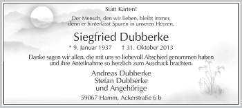 Traueranzeige von Siegfried Dubberke von MZV