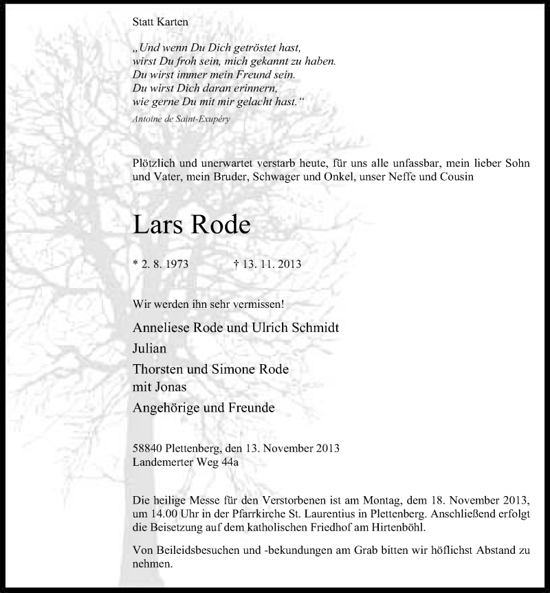  Traueranzeige für Lars Rode vom 16.11.2013 aus MZV