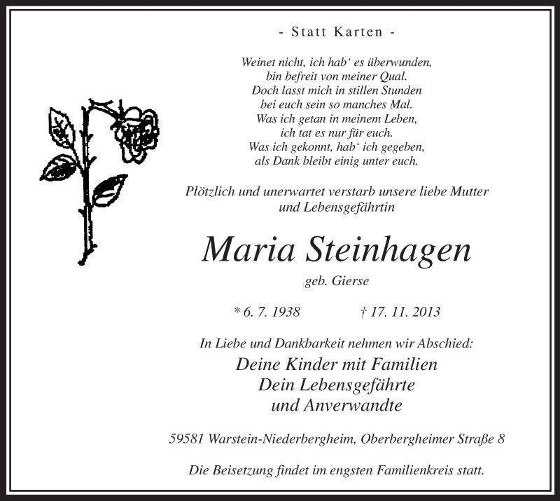  Traueranzeige für Maria Steinhagen vom 20.11.2013 aus MZV