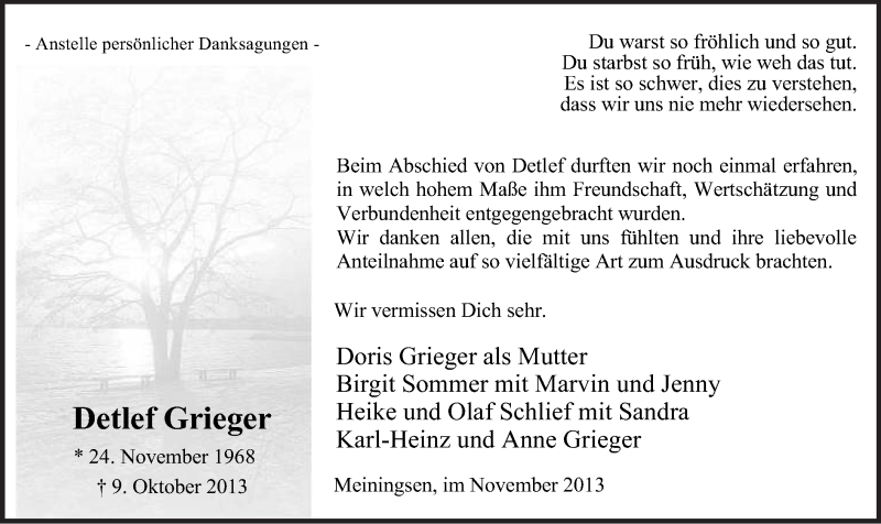  Traueranzeige für Detlef Grieger vom 20.11.2013 aus MZV