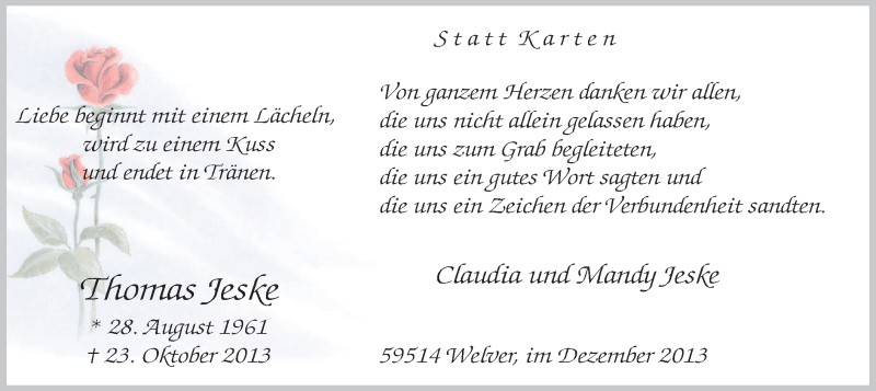  Traueranzeige für Thomas Jeske vom 04.12.2013 aus MZV