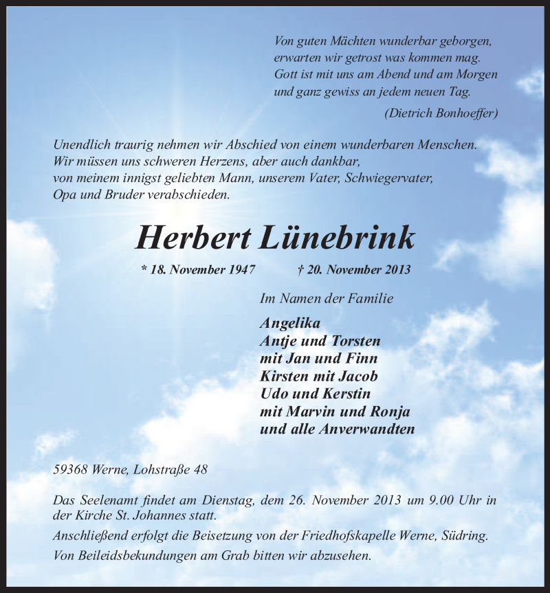  Traueranzeige für Herbert Lünebrink vom 23.11.2013 aus MZV