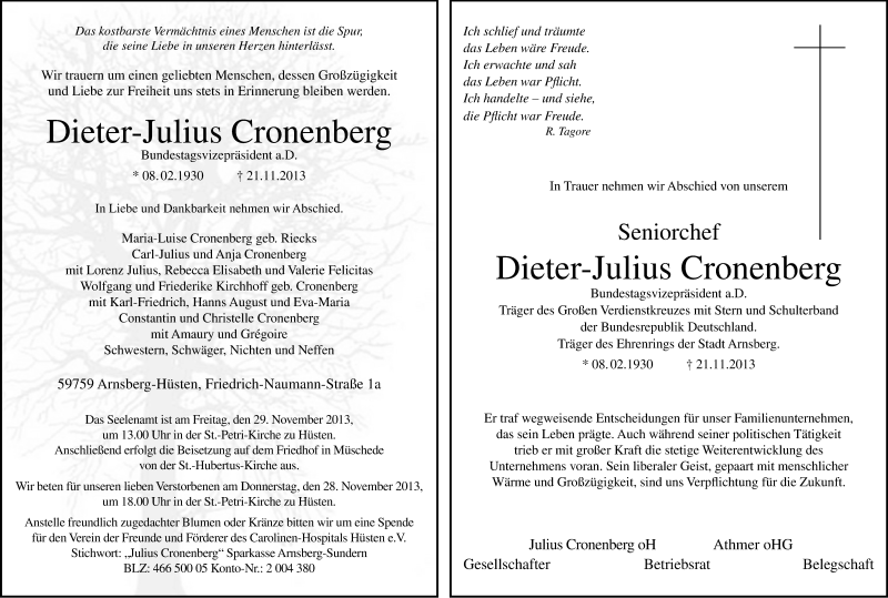  Traueranzeige für Dieter-Julius Cronenberg vom 25.11.2013 aus MZV