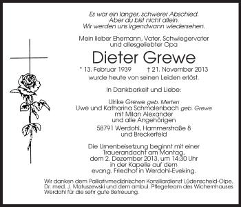 Traueranzeige von Dieter Grewe von MZV